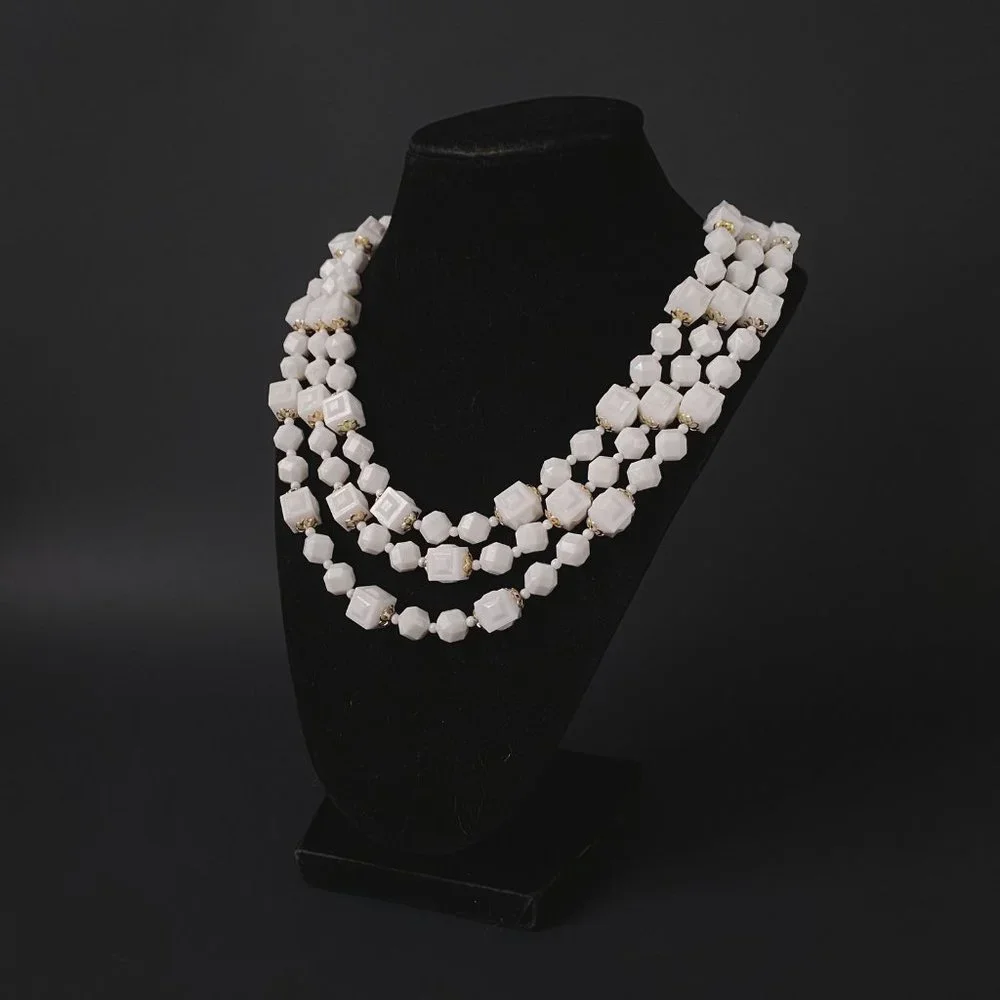 Vintage Hong Kong White Gold Square Chunky Beaded Layered Multi Strand Necklace - Picture 2 of 12